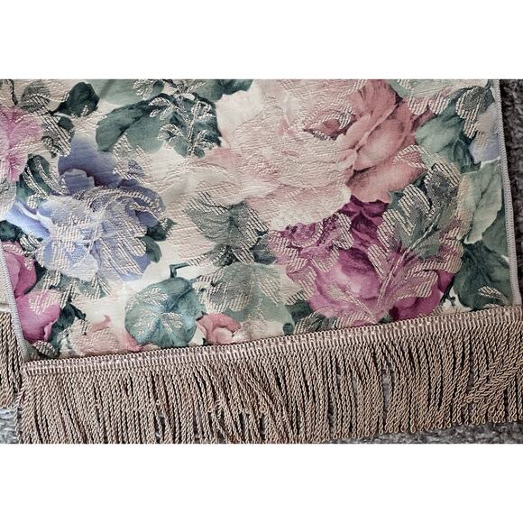 Vtg Home Tapestry Table Runner Cottagecore Floral Jacquard Fringe Accents 70" - Picture 3 of 3